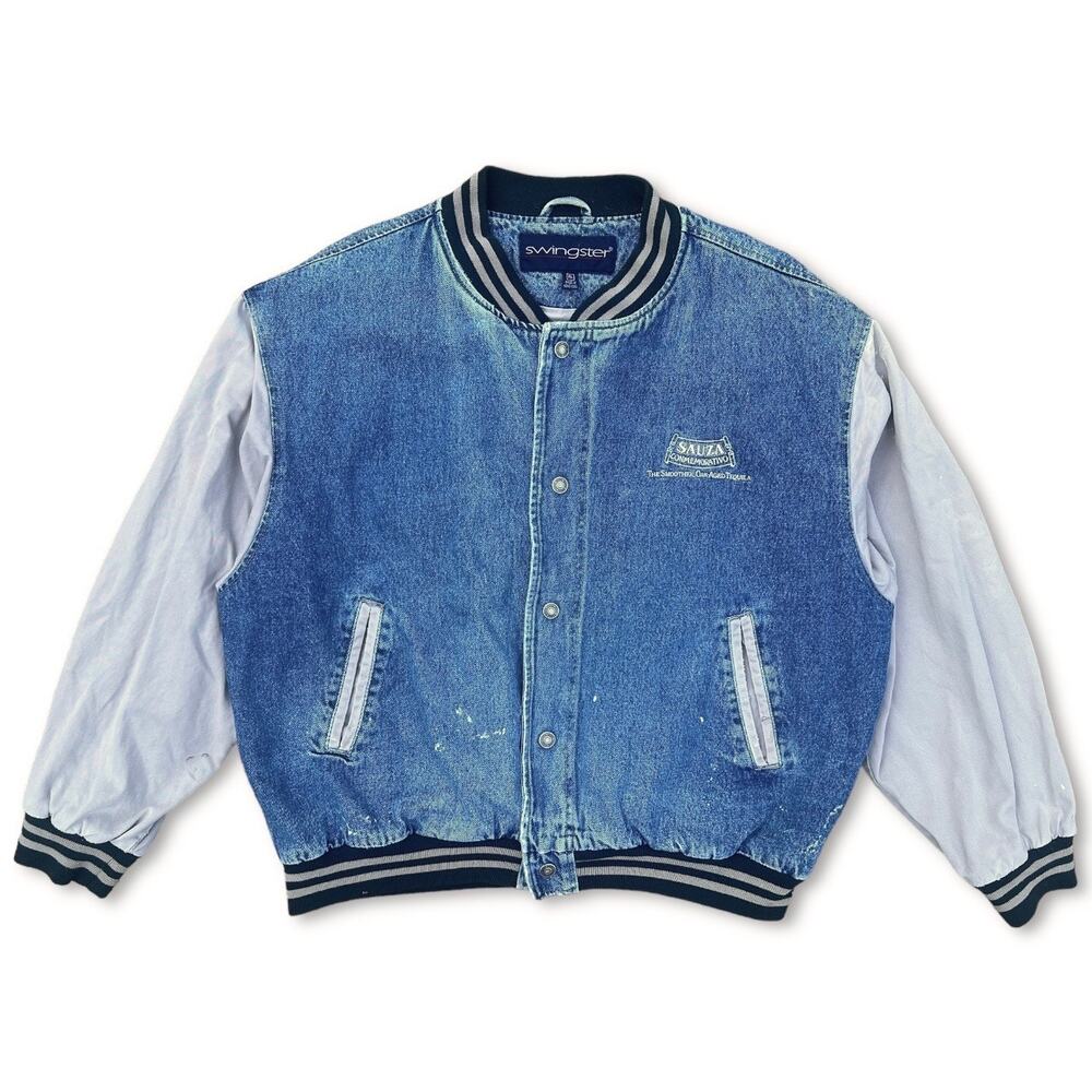 Vintage 90s‎ Denim Jean Varsity Bomber Jacket Swingster | Size XL
